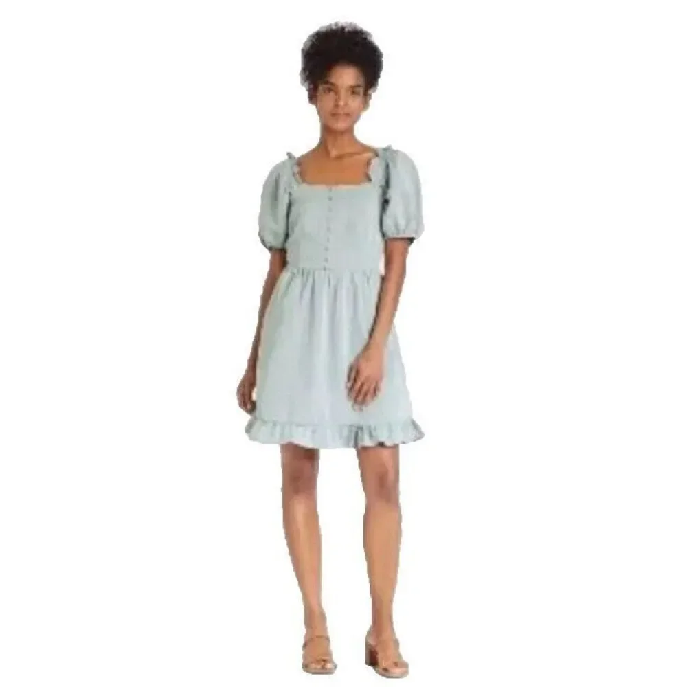 Who What Wear Women's Dress Small Chambray Twill Puff Sleeve Mini Ruffle Hem NWT